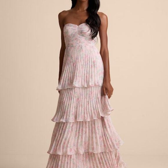 Lulus Seriously Sensational Blush Floral Strapless Tiered Maxi Dress Pink - Picture 1 of 1